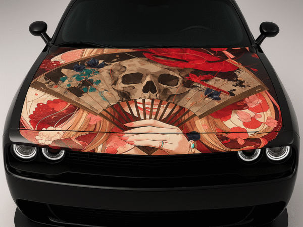 🌸💀 Japanese Skull Fan Car Wrap - Elegant Mystery