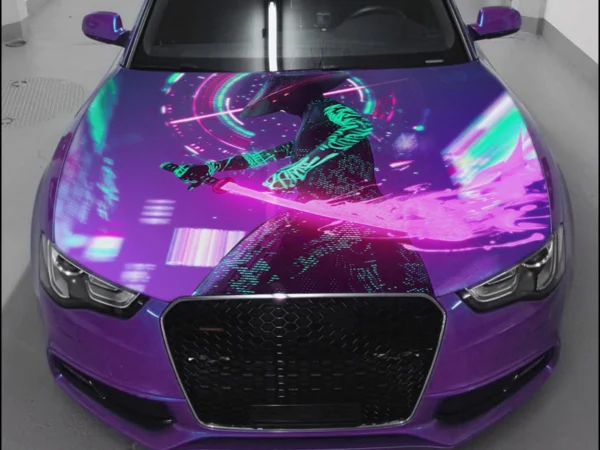 💜⚔️ Cyberpunk Samurai Neon Glow Car Hood Wrap