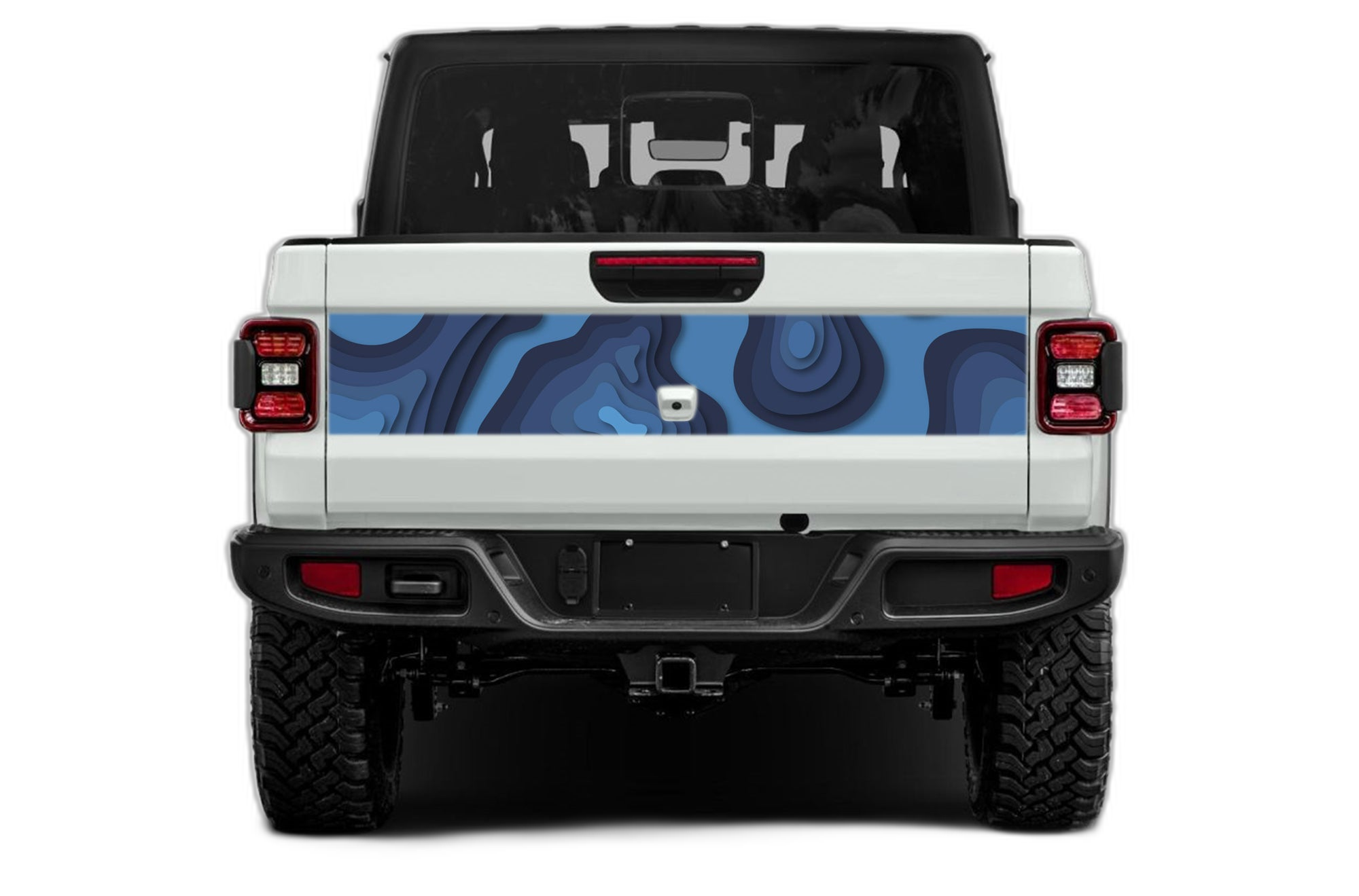 Blue topographic print tailgate graphics decals compatible with Jeep Gladiator JT