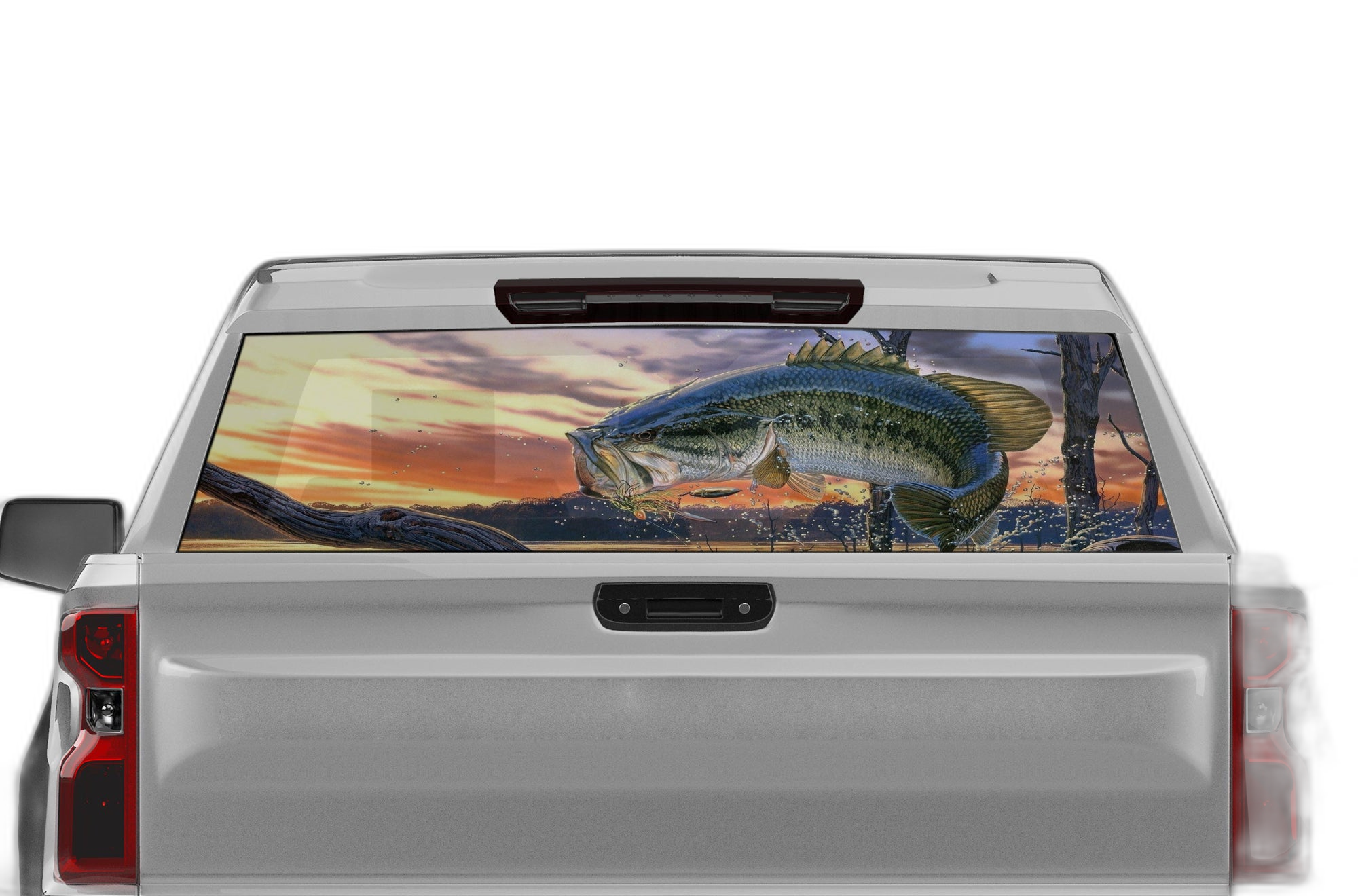 Largemouth bass perforated rear window decal graphics compatible with Chevrolet Silverado