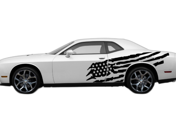 Tattered American flag side graphics, decals compatible with Dodge Challenger