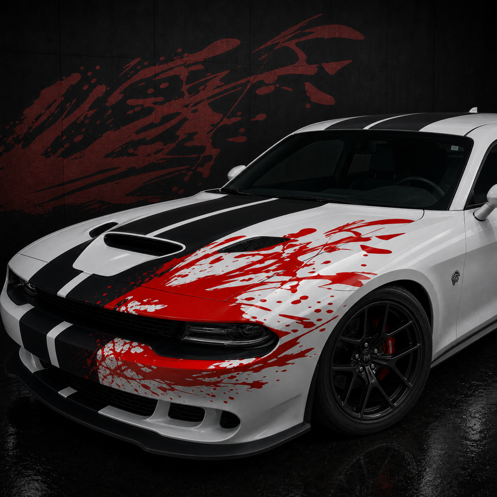 Muscle Series Dodge Challenger Blood Paint Splatter Decal - Free Mockup