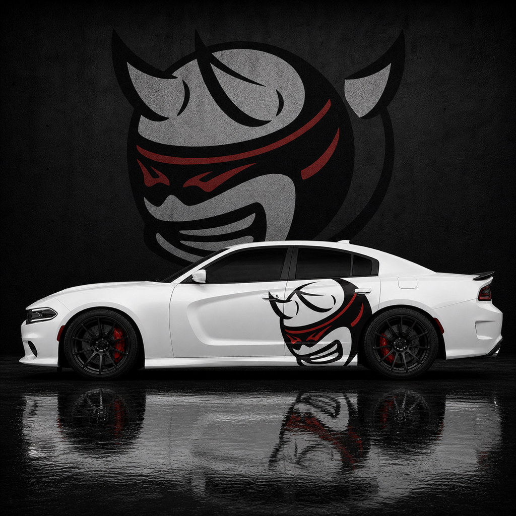 Muscle Series Dodge Charger Red Blk Horned Bee XL Decal - Free Mockup