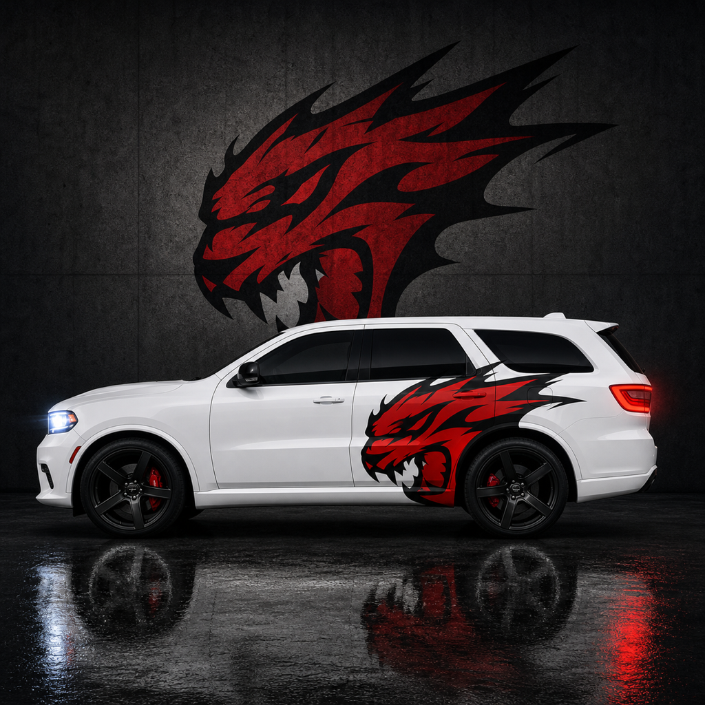Muscle Series Dodge Durango Red Gradient Cat Decal - Free Mockup