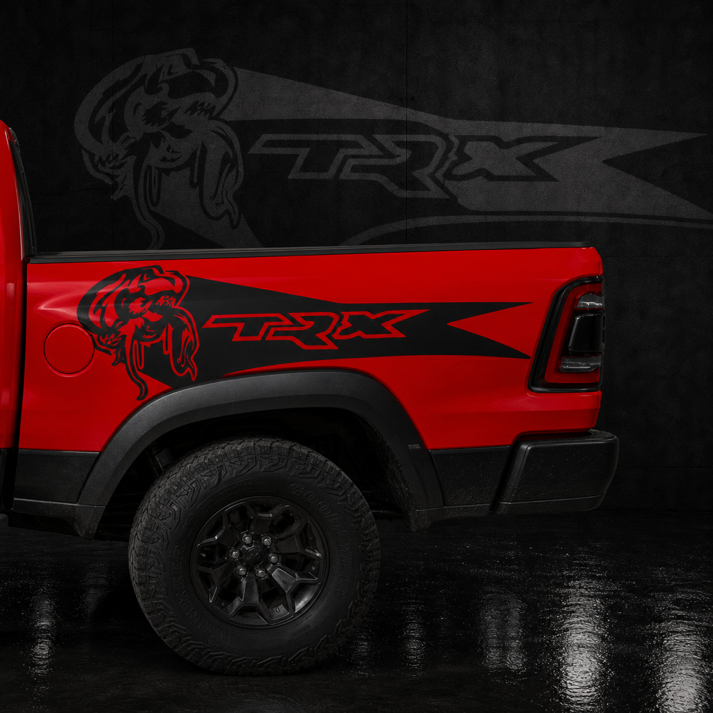 Muscle Series Ram TRX T-Rex Ignition Style Raptor Eater Decal - Free Mockup